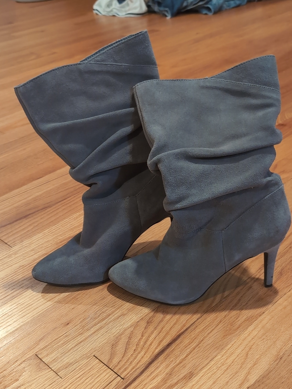 Audrey Brooke Gray Slouchy Suede Heeled Boots